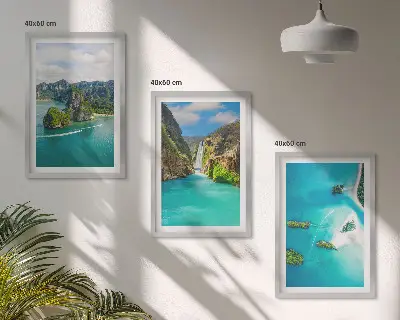 Conjunto de 3 quadros com moldura estampa ilhas tropicais com águas turquesas