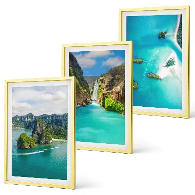 Conjunto de 3 quadros com moldura estampa ilhas tropicais com águas turquesas