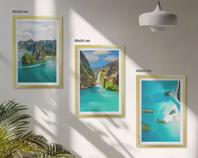 Conjunto de 3 quadros com moldura estampa ilhas tropicais com águas turquesas
