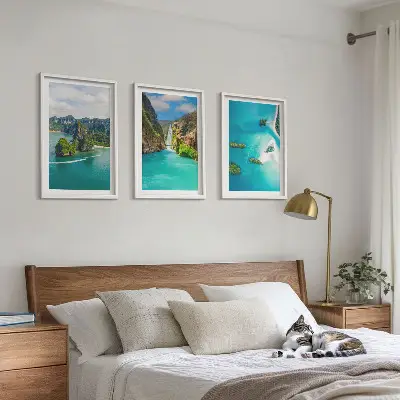 Conjunto de 3 quadros com moldura estampa ilhas tropicais com águas turquesas