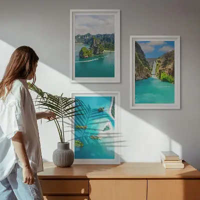 Conjunto de 3 quadros com moldura estampa ilhas tropicais com águas turquesas