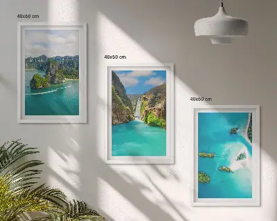 Conjunto de 3 quadros com moldura estampa ilhas tropicais com águas turquesas
