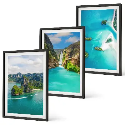 Conjunto de 3 quadros com moldura estampa ilhas tropicais com águas turquesas