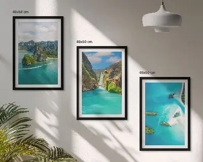 Conjunto de 3 quadros com moldura estampa ilhas tropicais com águas turquesas