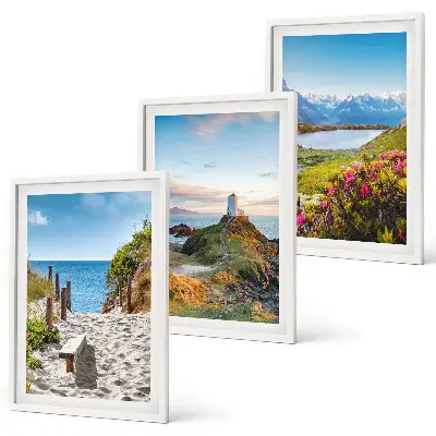 Conjunto de quadros para sala de estar com estampas de praia, farol, montanhas e flores