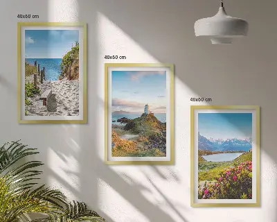 Conjunto de quadros para sala de estar com estampas de praia, farol, montanhas e flores