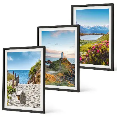 Conjunto de quadros para sala de estar com estampas de praia, farol, montanhas e flores