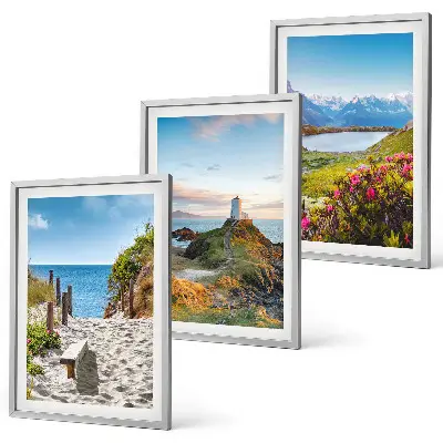 Conjunto de quadros para sala de estar com estampas de praia, farol, montanhas e flores