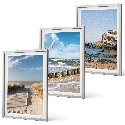 Composição de quadros moderna passarela de madeira na praia, penhascos