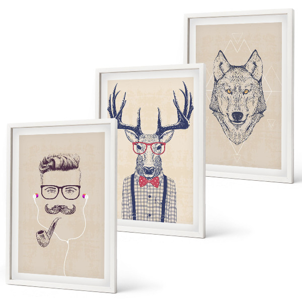 Conjunto de 3 quadros com moldura Retratos de animais estilosos