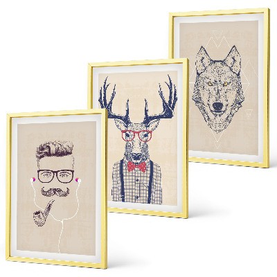 Conjunto de 3 quadros com moldura Retratos de animais estilosos
