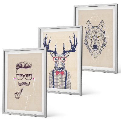 Conjunto de 3 quadros com moldura Retratos de animais estilosos