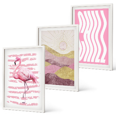 Composição de quadros moderna Paisagem pastel com flamingos rosa