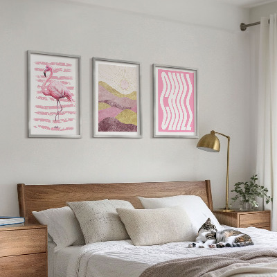 Composição de quadros moderna Paisagem pastel com flamingos rosa
