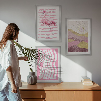 Composição de quadros moderna Paisagem pastel com flamingos rosa