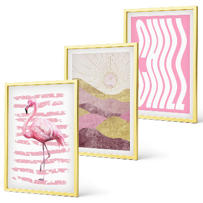 Composição de quadros moderna Paisagem pastel com flamingos rosa