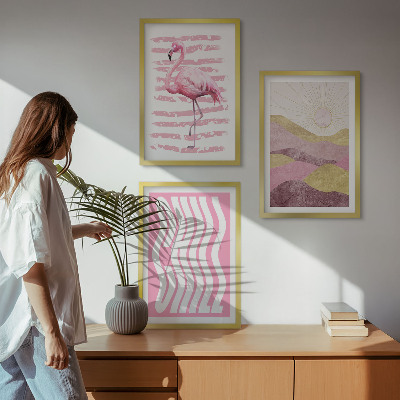 Composição de quadros moderna Paisagem pastel com flamingos rosa