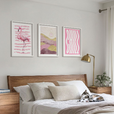 Composição de quadros moderna Paisagem pastel com flamingos rosa
