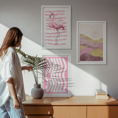 Composição de quadros moderna Paisagem pastel com flamingos rosa
