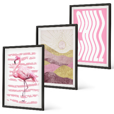Composição de quadros moderna Paisagem pastel com flamingos rosa