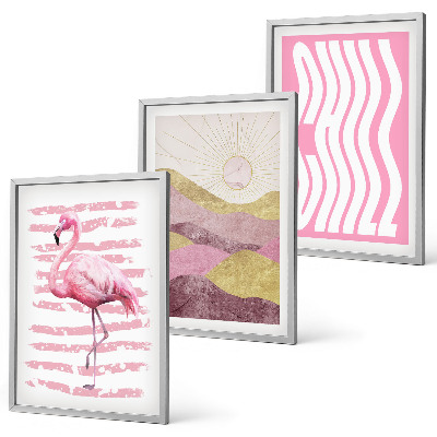 Composição de quadros moderna Paisagem pastel com flamingos rosa