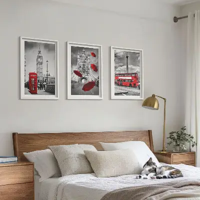 Conjunto de 3 quadros com moldura estampa de cabine de guarda-chuvas vermelha e ônibus londrino