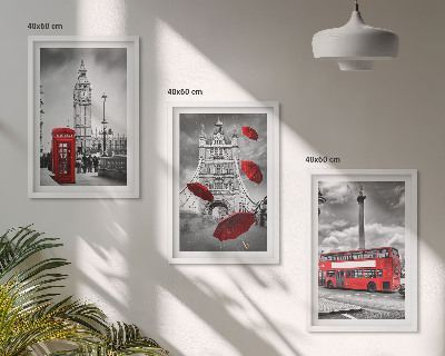 Conjunto de 3 quadros com moldura Cabine de guarda-chuvas vermelha e ônibus londrino