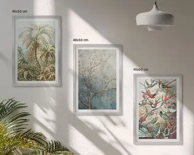 Conjunto de quadros para sala de estar com estampas de plantas tropicais, pássaros e natureza