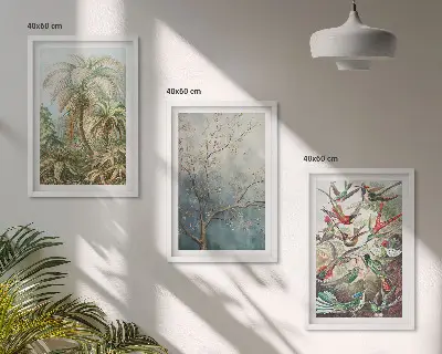 Conjunto de quadros para sala de estar com estampas de plantas tropicais, pássaros e natureza