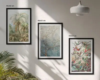 Conjunto de quadros para sala de estar com estampas de plantas tropicais, pássaros e natureza