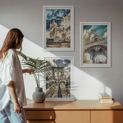 Composição de quadros moderna com pontes, torres e cidades europeias