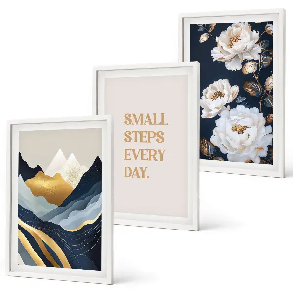 Conjunto de quadros para sala de estar com estampa de inspiração abstrata de montanhas e flores