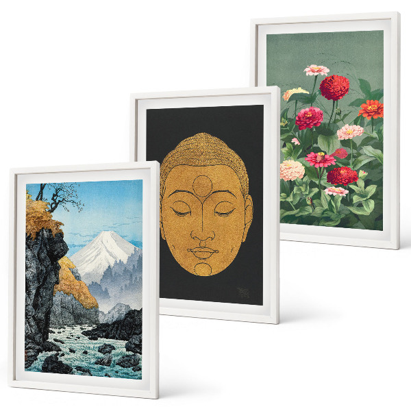 Conjunto de 3 quadros com moldura Natureza Japonesa Cultura Japandi