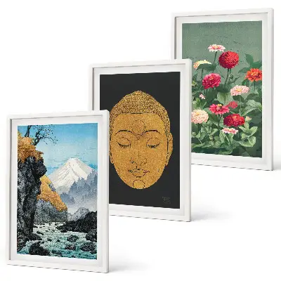 Conjunto de 3 quadros com moldura estampa de natureza japonesa estilo japandi
