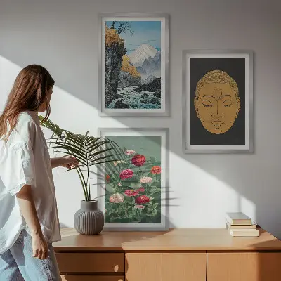 Conjunto de 3 quadros com moldura estampa de natureza japonesa estilo japandi
