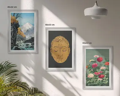 Conjunto de 3 quadros com moldura estampa de natureza japonesa estilo japandi