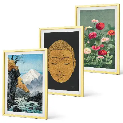 Conjunto de 3 quadros com moldura estampa de natureza japonesa estilo japandi