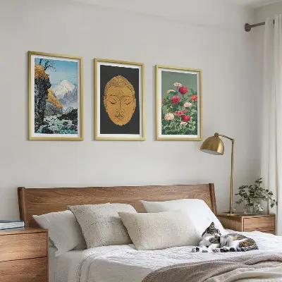 Conjunto de 3 quadros com moldura estampa de natureza japonesa estilo japandi