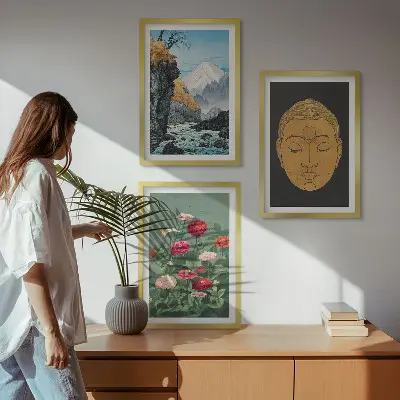 Conjunto de 3 quadros com moldura estampa de natureza japonesa estilo japandi