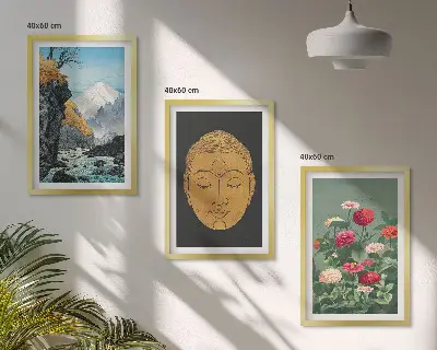 Conjunto de 3 quadros com moldura estampa de natureza japonesa estilo japandi