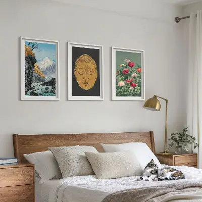 Conjunto de 3 quadros com moldura estampa de natureza japonesa estilo japandi