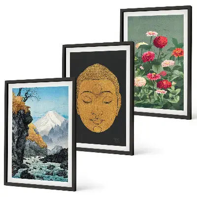 Conjunto de 3 quadros com moldura estampa de natureza japonesa estilo japandi
