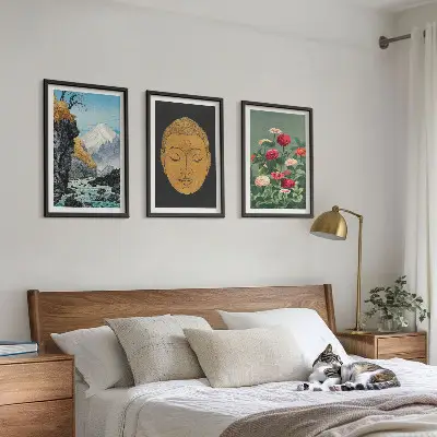 Conjunto de 3 quadros com moldura estampa de natureza japonesa estilo japandi