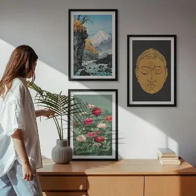 Conjunto de 3 quadros com moldura estampa de natureza japonesa estilo japandi