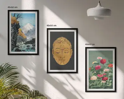 Conjunto de 3 quadros com moldura estampa de natureza japonesa estilo japandi