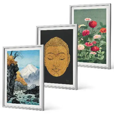 Conjunto de 3 quadros com moldura estampa de natureza japonesa estilo japandi