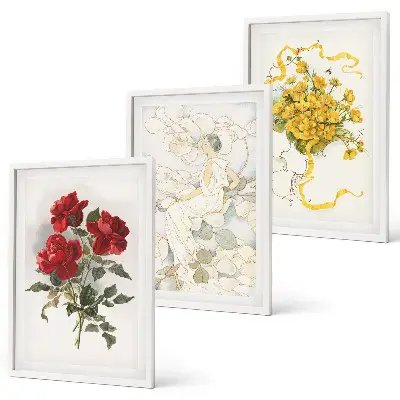 Conjunto de quadros para sala de estar com estampa de rosas vermelhas e brancas