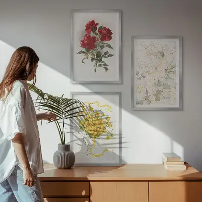 Conjunto de quadros para sala de estar com estampa de rosas vermelhas e brancas