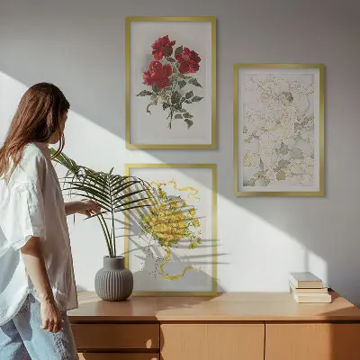 Conjunto de quadros para sala de estar com estampa de rosas vermelhas e brancas