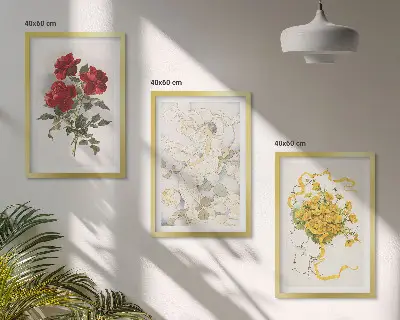 Conjunto de quadros para sala de estar com estampa de rosas vermelhas e brancas